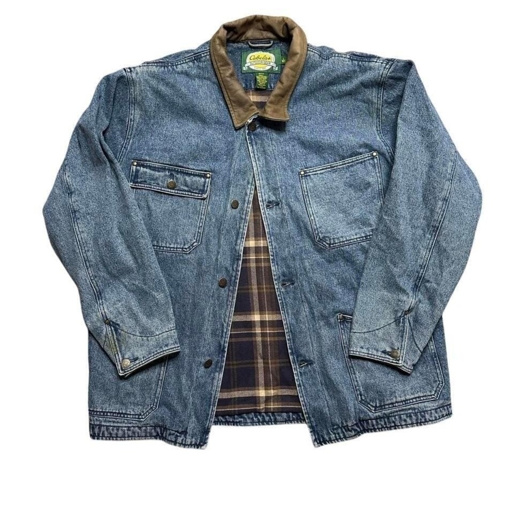 Cabelas Outdoor Gear Mens Denim Chore Coat Blue Plaid Lined Leather Collar Large